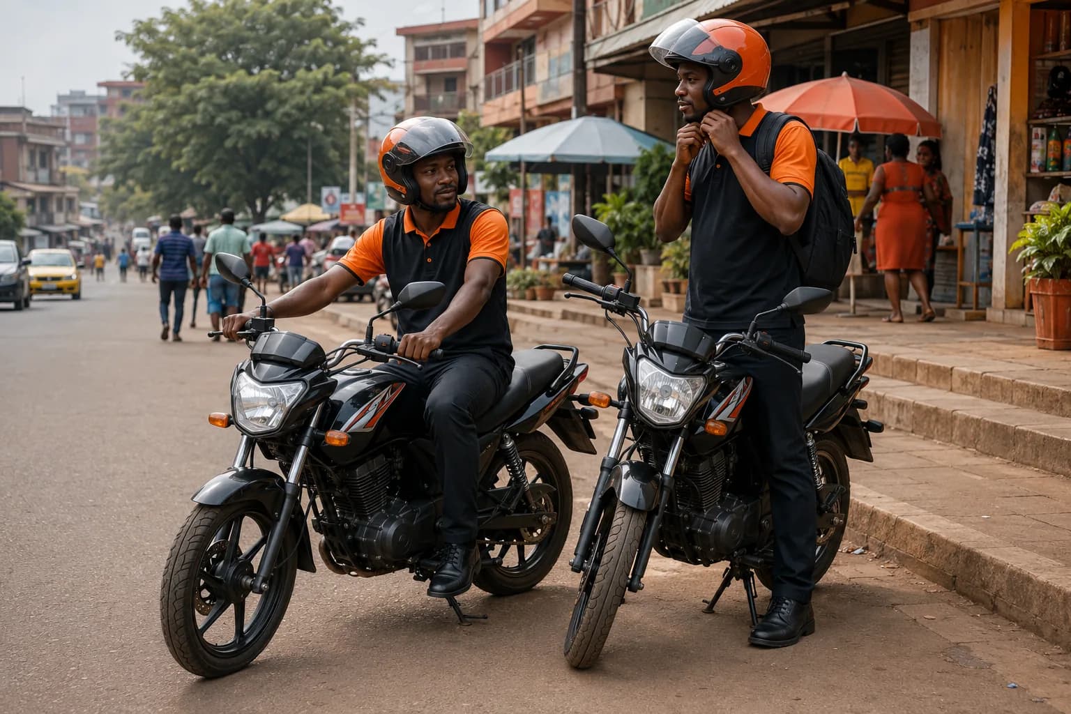 Commercial 2K Telecom en déplacement à moto vers un point de vente Orange Money